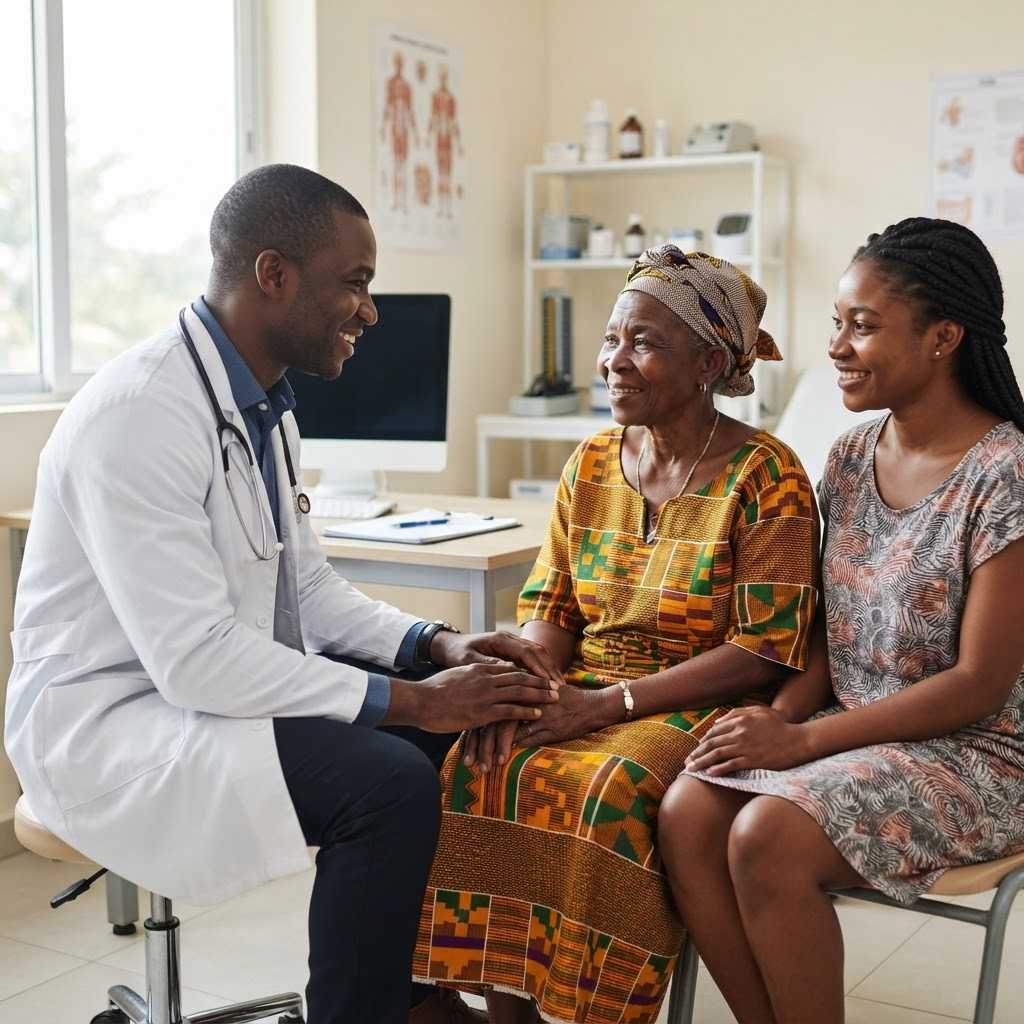 An African doctor speaking with an elderly patient and a young adult